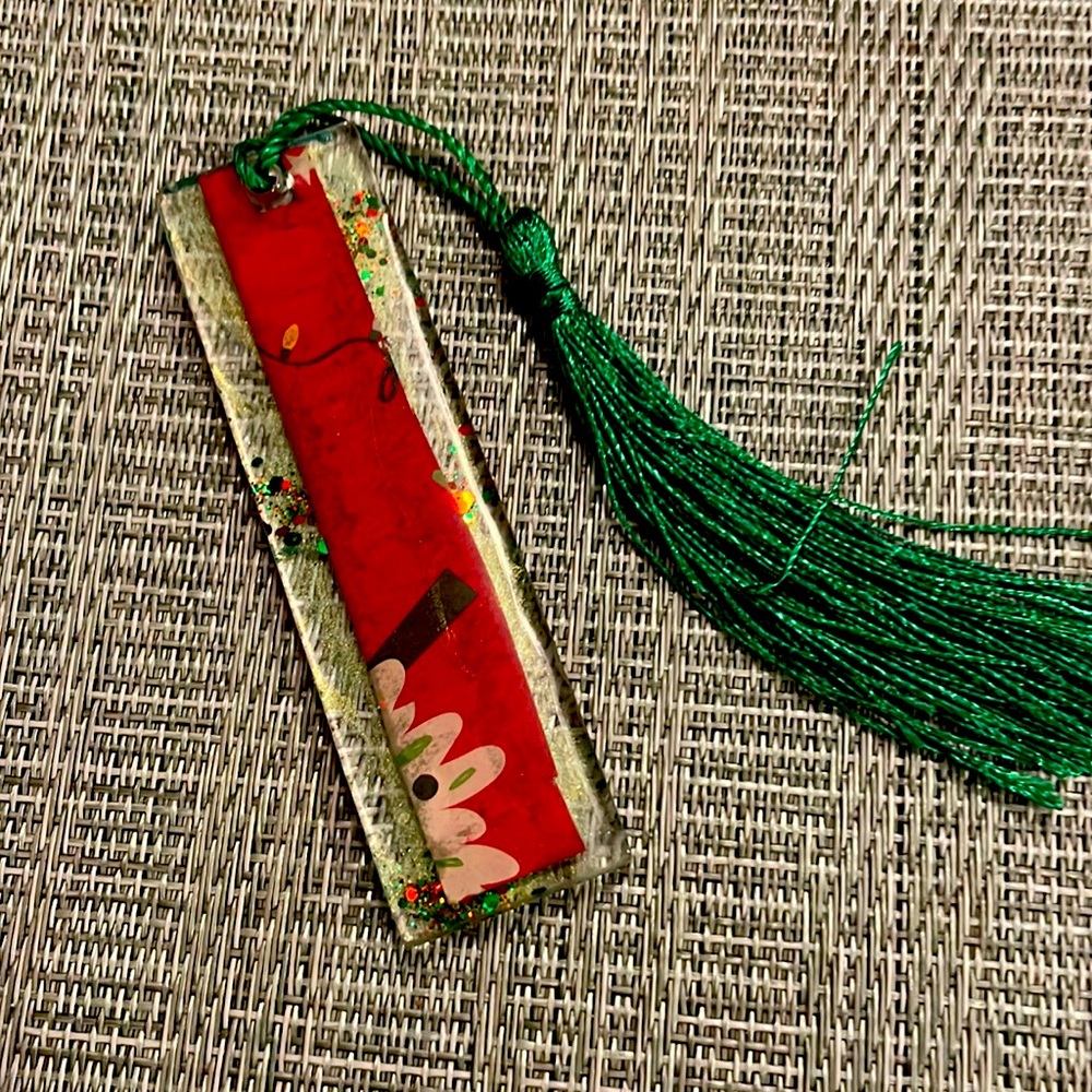 XMAS Handmade Festive Holiday Bookmark small Green with Red Strip